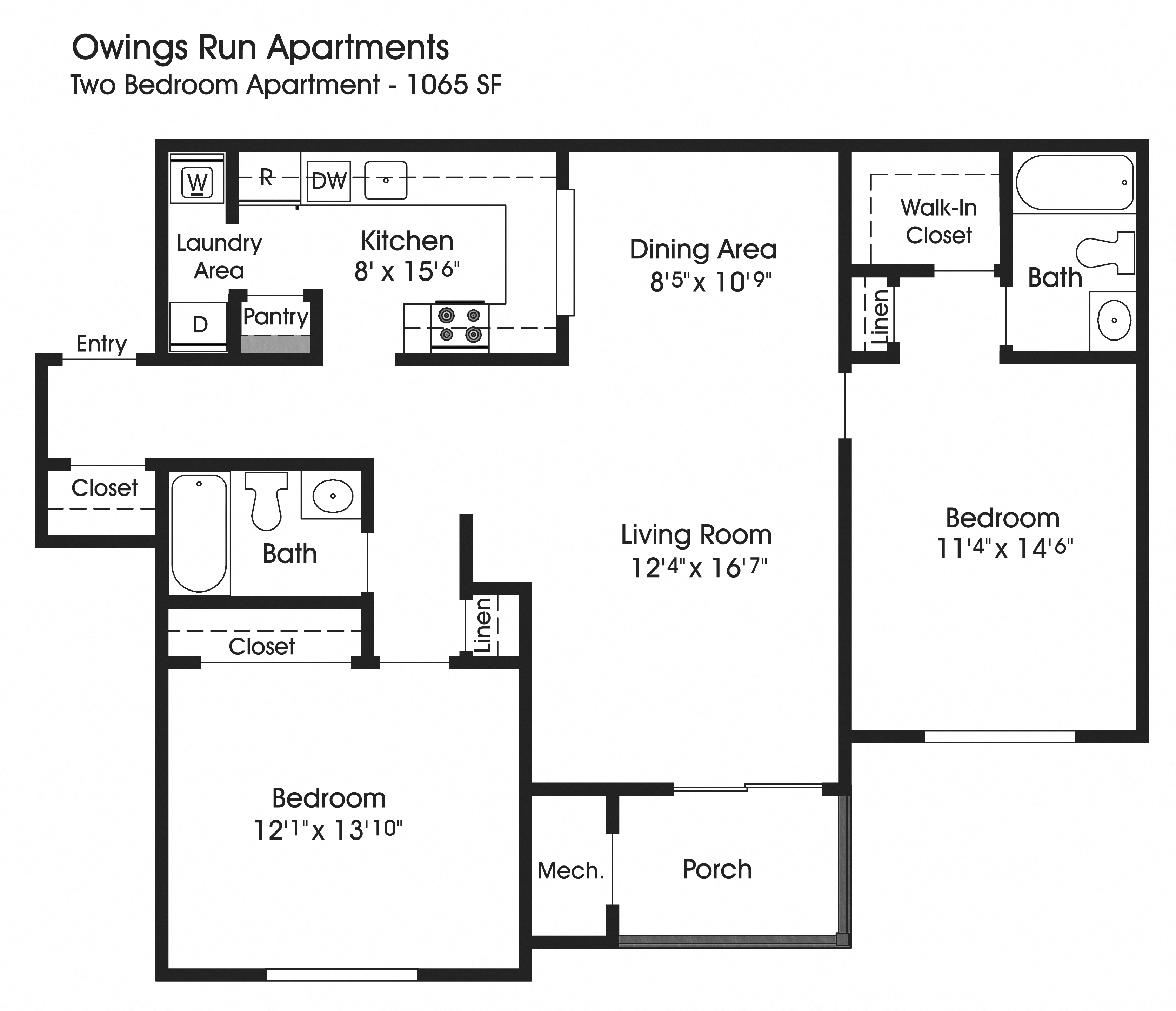 Floor plan for 2 beds, 2 baths, 1065 sqft